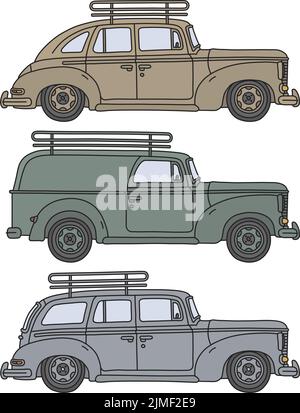 Die vektorisierte Handzeichnung von drei retro-militärischen Personenkraftwagen Stock Vektor