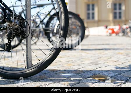 Fahrräder, die vor dem Berliner Stadtpalast an einem Fahrradständer geparkt sind Stockfoto