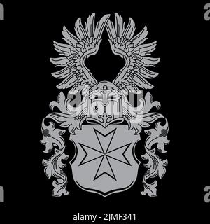 Ritterdesign. Helm des Kreuzritters mit Feder im Retro-Vintage-Stil Stock Vektor