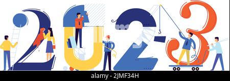 Die Büromitarbeiter bereiten sich auf das neue Jahr 2023 vor. Vektorgrafik. Cartoon-Figuren reparieren die Zahlen. Das Bild ist auf weißem Backgroun isoliert Stock Vektor
