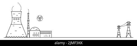 Webbanner mit Zeichnung von Atomkraftwerken oder Atomkraftwerken im Line-Art-Stil. Stock Vektor