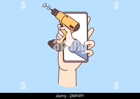 Person, die Smartphone mit Mechaniker auf dem Bildschirm hält. Konzept der Online-Reparatur und Reparatur-Handbuch. Vektorgrafik. Stock Vektor