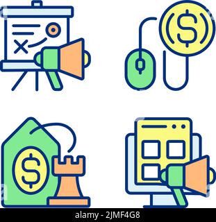 Internet-Marketing-Strategien Pixel perfekte RGB-Farbsymbole gesetzt Stock Vektor