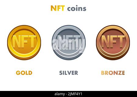 NFT-Münzen in verschiedenen Metallen. Gold-, Silber- und Bronzemünzen. Kryptowährung, NFT-Token-Internetwährung der Zukunft. Stock Vektor