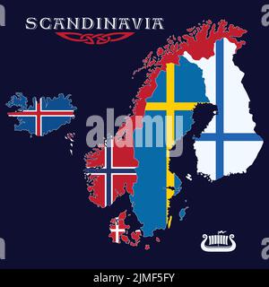 Wikingerstil. Skandinavische Länder Karte mit Nationalflaggen Stock Vektor