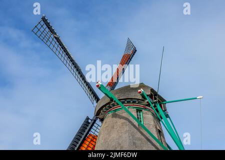 Dach und Klingen einer authentischen niederländischen Windmühle Stockfoto