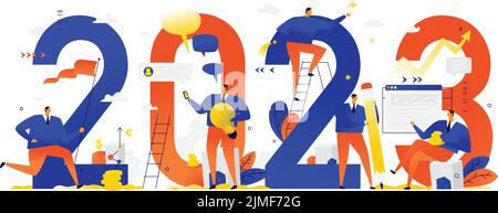 Die Büromitarbeiter bereiten sich auf das neue Jahr 2023 vor. Vektorgrafik. Cartoon-Figuren reparieren die Zahlen. Das Bild ist auf weißem Backgroun isoliert Stock Vektor