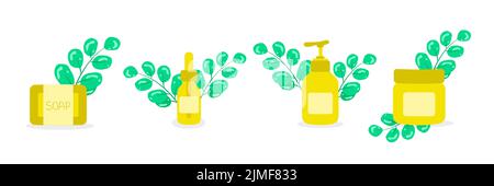 Set natürliche Bio-Kosmetikprodukte in Flaschen Gläser und Schläuche für die Hautpflege Hautpflege Routine pflanzliche Kosmetika Flüssigseife Kosmetika Umweltfreundlich PR Stock Vektor
