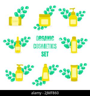 Set natürliche Bio-Kosmetikprodukte in Flaschen Gläser und Schläuche für die Hautpflege Hautpflege Routine pflanzliche Kosmetika Flüssigseife Kosmetika Umweltfreundlich PR Stock Vektor