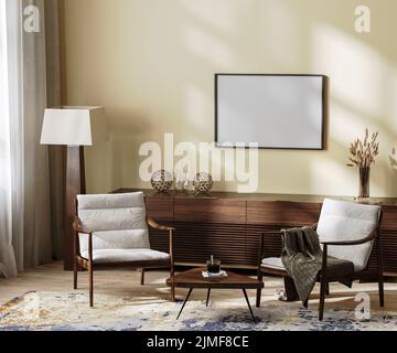 Horizontaler Rahmen im Wohnzimmer Innenhintergrund in beige und braunen Farben und hellen Shad Stockfoto