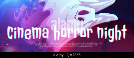 Kino-Horror-Nachtposter mit gruselig fliegendem Geist und Stereo-Effekt der Art. Vector Einladungsflyer für Halloween Filmfestival mit Cartoon Illustration von gruseligen Geist Stock Vektor