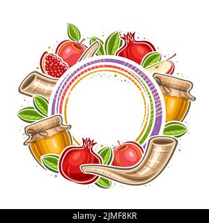 Vektorrahmen für Rosh Hashanah mit Kopierraum für Glückwunschtext, dekoratives Etikett mit Illustration der Granatapfelscheibe, Bauernhof-Honigglas, rote App Stock Vektor