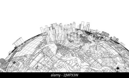 Stadt auf einem kleinen Planeten. Vektorrendering von 3D Stock Vektor