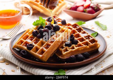 Hausgemachte knusprige belgische Waffeln mit Brombeeren und Honig Stockfoto