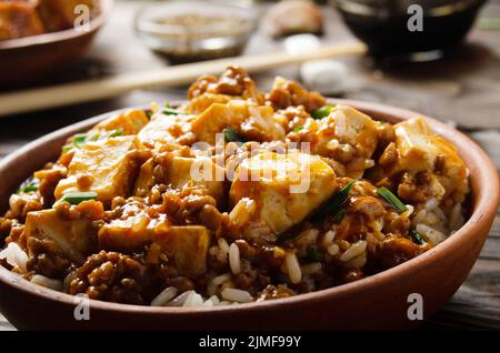 Authentische traditionelle chinesische Küche mapo Tofu Gericht mit Schweinefleisch Schnittlauch Gedämpfte Reis Sojasauce und Gewürze in der Nähe Stockfoto