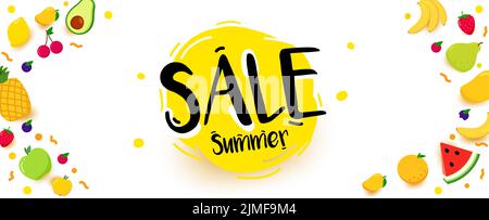 Horizontales Sommer-Verkaufsbanner mit hellen Früchten auf weißem Hintergrund. Farbenfrohes Sommer-Layout-Banner-Design. Rabattangebot. Für Text platzieren. Beschriftung c Stock Vektor