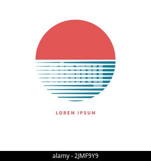 Sonne und Meer-Logo, Symbol für den Sonnenuntergang, Reiseschild. Ocean Piktogramm, geometrisches Logo, Landschaft Symbol Stock Vektor