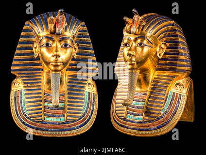 Tutanchamuns goldene Totenmaske auf schwarzem Untergrund. King Tut. Stockfoto