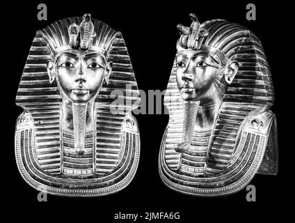 Tutanchamuns Totenmaske auf schwarzem Untergrund. King tut schwarz und weiß Stockfoto