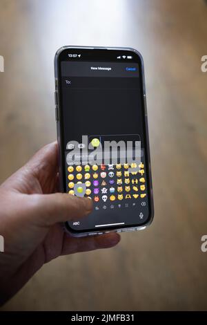 Das iPhone 13 pro max wird mit einer kaukasischen Hand gehalten, die einen grünen, kranken Emoji-Feeling schreibt Stockfoto