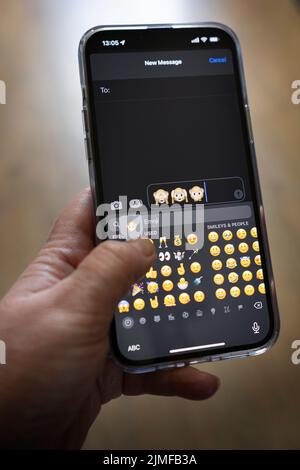 IPhone 13 pro max wird mit einer kaukasischen Hand gehalten SMS an die drei weisen Affen Emojis Stockfoto