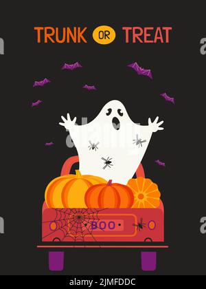Niedliches Halloween Trunk oder behandeln flache Vektor-Poster. Urlaub LKW mit gruseligen Geist, Kürbisse, Spinnennetz, Fledermäuse Cartoon Design-Element. Frohe Halloween Stock Vektor