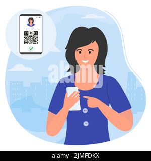 Vektorgrafik Frau nutzt Handy-App, um QR-Code zu scannen. Barcodeleser. Bargeldlose Technologie. Digitales Geld. QR-Code-Zahlung. Grüner Pass. Vakuum Stock Vektor