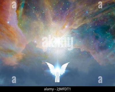 Surrealismus. Weißer Engel steht vor Gottes Auge im bunten Universum. 3D Rendern Stockfoto