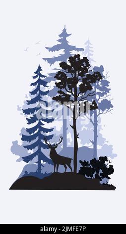 Eine Vektordarstellung von Silhouetten von Bäumen und einem Hirsch Stock Vektor