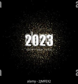 Frohes neues Jahr 2023 Gold glitzert auf schwarzem Hintergrund. Vektorurlaub Hintergrund Stock Vektor