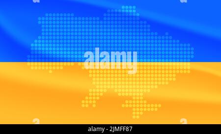 Gepunktete Karte der Ukraine auf gelb-blauer Flagge Hintergrund, Vektorgrafik. Stock Vektor