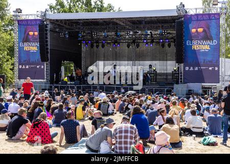 Cottbus, Deutschland. 05. August 2022. Die Besucher des Elbenwald Festivals sitzen vor einer Konzertbühne im Spreeauenpark. Das Elbenwald Festival ist ein dreitägiger Treffpunkt für alle Altersgruppen, die Filme, Fantasy, Spiele, Konzerte und jede Kombination von allen genießen. Quelle: Frank Hammerschmidt/dpa/Alamy Live News Stockfoto