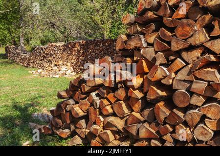 Großer Haufen Brennholz gehackt und ordentlich im Garten auf grünem Gras angeordnet Stockfoto