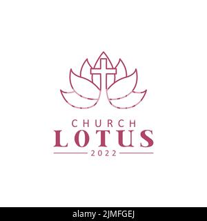 Lotus Und Cross Minimalist Line Art Für Kirche Oder Christliche Religion Logo Stock Vektor