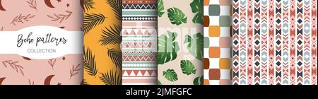 Sammlung von Boho, Bali Nahtlose Muster. Grafikset für Hintergründe, Hochzeitseinladungen, Partyflyer, Eventbroschüren, Papierpaket, Stock Vektor