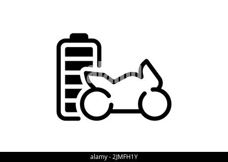 Elektrisches Sportbike voll geladene Batterie Energieanzeige schwarz lineares Symbol. Symbol für Akkuladegerät für Elektrotransporte für Motorräder. Elektroladung Motorrad. Umweltfreundliche Fahrzeugaufladung Stock Vektor