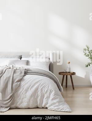 Wohneinrichtung, schlafzimmer im skandinavischen Stil, 3D Rendering Stockfoto