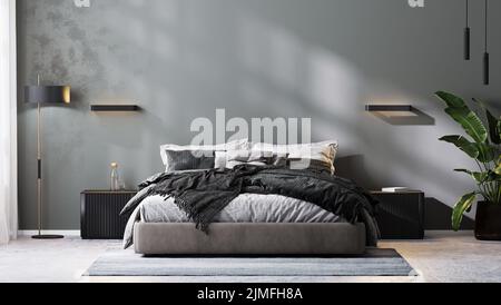 Moderne Schlafzimmer-Innenausstattung in Grautönen, Schlafzimmer-Modell, 3D Rendering Stockfoto