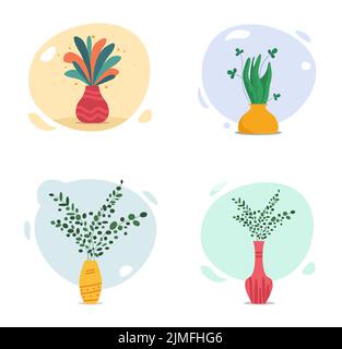 Set von niedlichen Blumen und Pflanzen in Vasen. Haus Pflanzen in Töpfen. Handgezeichnete Vektorgrafik. Trendige Heimpflanzen im flachen Stil. Stock Vektor