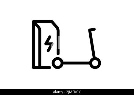 Elektrisches Push-Roller Laden in Ladestation lineares Symbol. Elektrisches Kick E-Scooter Energie laden schwarzes Symbol. Umweltfreundliche Elektrofahrzeug aufladen Zeichen. Batteriebetriebener EV-Transport. Eps Stock Vektor