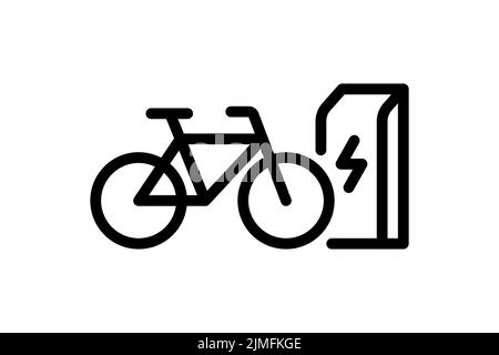 Elektrisches Fahrrad Laden in Ladestation lineares Symbol. Elektrisches Fahrrad Energie Ladung schwarzes Symbol. Umweltfreundliche Elektro-Zyklus aufladen Zeichen. Vector eps batteriebetriebener E-Bike-Transport Stock Vektor