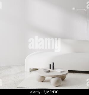 Modernes Wohnzimmer in weißer Farbe mit weißem Sofa und Marmorboden, leerer Wandgestaltung, 3D Rendering Stockfoto