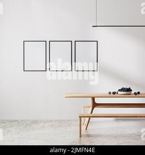 Posterrahmen im modernen Zimmer minimalistisch eingerichtet mit weiß alle mit Sonnenlicht und Schatten, Holztisch mit Bänken, di Stockfoto