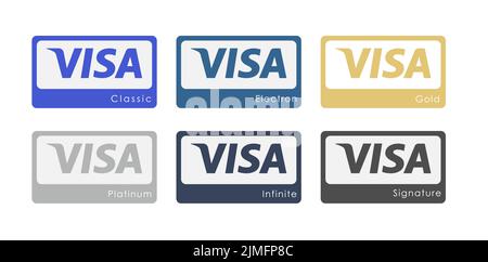 POLEN, BRESLAU - 22. JULI 2022: Sammlung von Ausweisen des INTERNATIONALEN Visa-Zahlungssystems. Vektorvarianten für Websites, Anwendungen und Applica Stock Vektor