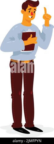 Illustration eines Zeichentrickfilms mit einem Ordner. Vektor. Der Manager in einer Ausrufestellung ruft an und lenkt die Aufmerksamkeit auf sich. Coach für den persönlichen Bereich Stock Vektor