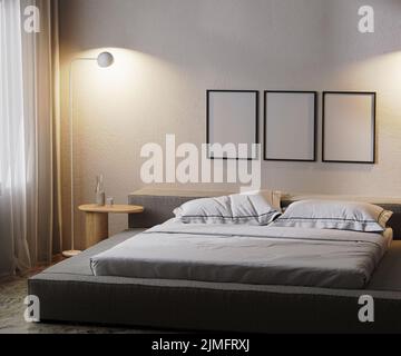 Rahmen im modernen Schlafzimmer im Dunkeln mit Lampenlicht, 3D Rendering Stockfoto