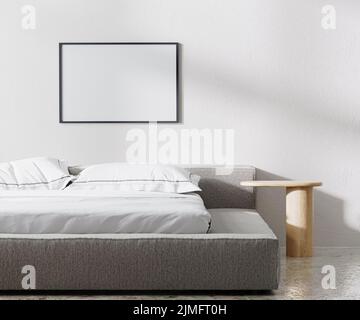 Horizontaler Rahmen im Schlafzimmer-Interieur, minimalistischer Stil, weiße Wand, 3D Render Stockfoto