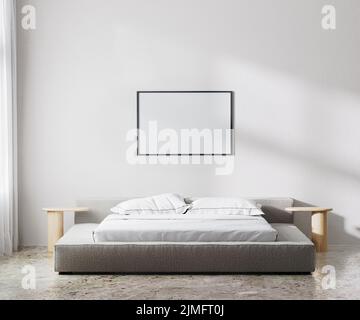 Mockup-Rahmen im Schlafzimmer-Interieur, skandinavischer Stil, 3D Render Stockfoto