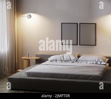 Rahmen im modernen Schlafzimmer im Dunkeln mit Lampenlicht, 3D Rendering Stockfoto