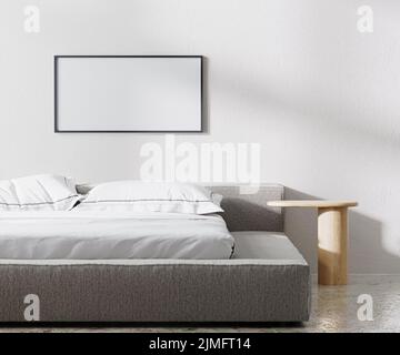 Horizontaler Rahmen im Schlafzimmer-Interieur, minimalistischer Stil, weiße Wand, 3D Render Stockfoto